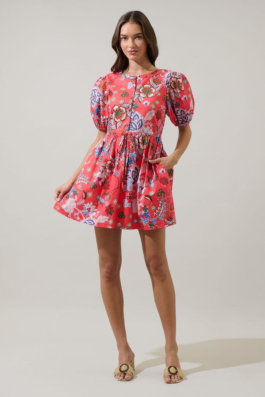 Sugarlips NWT Coral Floral Puff Sleeve Cotton Mini Dress Drawstring Waist Sz XL